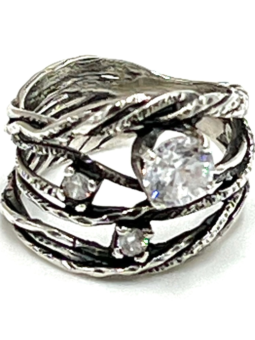 Modernist Israel Three CZ Multi Vine Sterling Silver Ring